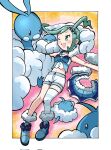  1girl ;d altaria border earrings emapippi full_body green_eyes green_hair hair_ornament highres jewelry lisia_(pokemon) lying midriff navel on_back one_eye_closed outside_border pokemon pokemon_(creature) pokemon_(game) pokemon_oras shorts single_thighhigh skirt skirt_removed smile striped striped_thighhighs swablu thighhighs white_border white_shorts 