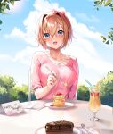  1girl absurdres blue_eyes blush bow breasts bush cake cake_slice chocolate_cake cloud collarbone commission cup doki_doki_literature_club drinking_glass drinking_straw foliage food fork hair_between_eyes hair_bow hair_ornament highres holding holding_fork jewelry large_breasts leaf long_bangs long_sleeves looking_at_viewer machulanko necklace open_mouth orange_hair paper pink_shirt plate red_bow sayori_(doki_doki_literature_club) shirt short_hair sitting sleeves_rolled_up smile solo table 
