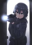  1girl absurdres black_eyes black_hair black_jacket black_pants black_vest closed_mouth d-sawa613 door glaring glasses gun h&amp;k_vp9 handgun headphones heckler_&amp;_koch highres holding holding_gun holding_weapon holster jacket load_bearing_vest magazine_(weapon) medium_hair microphone open_door original pants police solo tactical_clothes vest weapon 