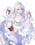  1girl absurdres ahoge alcohol bare_shoulders beer beer_mug breasts cleavage corset cup dress fate/grand_order fate_(series) grin highres long_hair looking_at_viewer medium_breasts merlin_(fate/prototype) mug pointy_ears red_eyes scrunchie smile solo thighhighs thighs very_long_hair white_dress white_hair white_thighhighs wrist_scrunchie yurumawari 