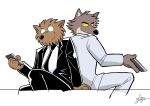 2023 4_fingers absurd_res anthro biped black_nose brown_body brown_fur canid canine canis clothed clothing crisis1983 dreamworks duo fingers fur hi_res holding_object looking_at_another male mammal mr._wolf_(the_bad_guys) necktie signature simple_background sitting smile square_crossover suit the_bad_guys the_bad_guys_(book) white_background wolf yellow_sclera 