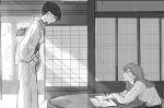  2girls commentary_request deerwhisky eye_contact greyscale holding holding_pen indoors japanese_clothes kimono light_particles long_hair long_sleeves looking_at_another monochrome multiple_girls obi original pen sash short_hair sitting sliding_doors sunlight sweatdrop table 