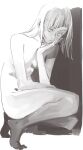  1girl absurdres arm_support completely_nude from_side full_body hand_on_own_chin hand_on_own_thigh highres ikuhana_niiro looking_at_viewer medium_hair monochrome nude original shadow sketch solo squatting 