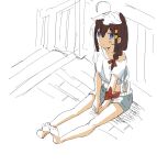  1girl ahoge barefoot blue_eyes braid brown_hair full_body hair_flaps hair_over_shoulder highres kantai_collection kurou_oruha looking_at_viewer shigure_(kancolle) shigure_kai_ni_(kancolle) shirt shorts single_braid sitting solo stairs t-shirt white_shirt white_shorts 