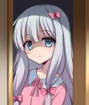  1girl aqua_eyes bow cariboy chinese_commentary closed_mouth commentary_request eromanga_sensei expressionless eyelashes eyes_visible_through_hair frown hair_between_eyes hair_bow indoors izumi_sagiri light_blush long_hair looking_at_viewer neck_ribbon open_door pajamas pink_bow pink_pajamas pink_ribbon ribbon shaded_face sidelocks solo straight_hair unamused upper_body 