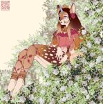  anthro artist_name blue_eyes blue_flower blue_horn brown_body clothed clothing collar female flower glistening glistening_eyes hi_res horn mouth_closed multicolored_eyes pink_eyes plant qr_code red_flower rose_(flower) solo sonyan spotted_legs tan_body tan_spots two_tone_eyes 