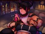  2girls armpits black_hair blonde_hair bracelet braid breasts cammy_white drill_hair fingerless_gloves fluffydango gloves hair_horns han_juri highres jewelry large_breasts multiple_girls purple_eyes spiked_bracelet spikes street_fighter street_fighter_6 twin_drills 