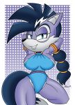 absurd_res anthro archie_comics armlet big_breasts black_hair black_nose blue_eyes breasts canid canine canis clothed clothing dress female fur hair hands_behind_head hi_res lupe_the_wolf mammal mobian_monster muscular muscular_female no_underwear purple_body purple_fur scar sega solo sonic_the_hedgehog_(archie) sonic_the_hedgehog_(comics) sonic_the_hedgehog_(series) white_body white_fur wolf 
