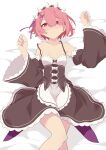  1girl bare_shoulders bed_sheet blush breasts closed_mouth commentary detached_sleeves hair_between_eyes hair_ornament hair_ribbon hair_spread_out highres looking_at_viewer lying maid maid_headdress on_back on_bed pink_eyes pink_hair pink_ribbon purple_ribbon ram_(re:zero) re:zero_kara_hajimeru_isekai_seikatsu ribbon roswaal_mansion_maid_uniform simple_background small_breasts symbol-only_commentary white_background x_hair_ornament yasehattagi 