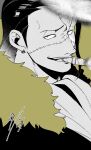  1boy absurdres ascot black_hair brown_theme cigar collared_shirt crocodile_(one_piece) earrings hair_slicked_back highres jewelry male_focus mature_male one_piece pasukaru365 portrait scar scar_on_face scar_on_nose shirt short_hair smoking solo stitches 