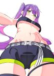  1girl black_shorts breasts closed_mouth earrings from_below green_eyes highres hololive jewelry long_hair looking_at_viewer looking_down medium_breasts midriff multicolored_hair navel pink_hair purple_hair sakura_1110ssmm short_shorts shorts sidelocks simple_background solo stud_earrings tokoyami_towa tokoyami_towa_(1st_costume) twintails underboob virtual_youtuber white_background 