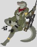  anthro backpack breasts clothed clothing crocodile crocodilian crocodylid derpwolfy18971 female genitals gun hi_res knee_pads neckerchief pouches pussy ranged_weapon reptile rifle scalie simple_background sitting skimpy sniper_rifle solo svd weapon 