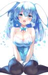  1girl :o animal_ears aqua_bow aqua_bowtie arms_between_legs bare_arms bare_shoulders between_legs black_thighhighs blue_eyes blue_hair blue_leotard blunt_ends blush bow bowtie breasts breath cleavage collar detached_collar ears_down expressionless feet_out_of_frame gloves hair_between_eyes hand_between_legs head_tilt highres ice large_breasts leotard long_hair looking_at_viewer mani_(second-dimension) open_mouth original playboy_bunny rabbit_ears shards simple_background sitting solo teeth thighhighs two_side_up upper_teeth_only wariza white_background white_collar white_gloves wide_hips 