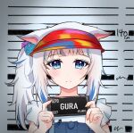  1girl animal_ears barbie_mugshot_(meme) blue_eyes blue_hair blue_shirt cat_ears commentary cube_hair_ornament english_commentary frown gawr_gura gawr_gura_(2nd_costume) hair_ornament hand_up holding holding_sign hololive hololive_english looking_at_viewer meme mugshot multicolored_hair name_tag overall_skirt sad shirt short_sleeves sign solo straight-on streaked_hair trashris visor_cap white_hair white_shirt yellow_nails 