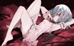  1girl armpits bare_legs bat_wings breasts covered_nipples fangs full_body hand_up light_purple_hair looking_at_viewer lying on_back pointy_ears red_eyes remilia_scarlet short_hair sketch skin_fangs slit_pupils small_breasts solo touhou tousen wings wrist_cuffs 