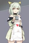  1girl absurdres amiya_(arknights) animal_ear_fluff animal_ears apron arknights bare_shoulders breasts cat_ears cat_girl commentary_request cowboy_shot cup dress green_dress green_eyes green_hair green_jacket grey_background heart highres holding holding_cup i_heart... infection_monitor_(arknights) jacket jewelry kal&#039;tsit_(arknights) kinbakuman long_sleeves looking_at_viewer medium_breasts medium_hair multiple_rings off-shoulder_dress off_shoulder open_clothes open_jacket oripathy_lesion_(arknights) parted_lips ring sidelocks solo watch white_apron wristwatch 