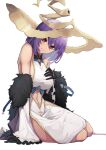  1girl arm_rest azur_lane bare_shoulders black_gloves breasts clothing_cutout cross feather_boa fur_trim gloves hat large_breasts looking_at_viewer lyon_(azur_lane) navel parted_lips pink_eyes purple_hair short_hair simple_background sitting smile solo stomach_cutout viktorf white_background witch_hat 