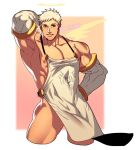  1boy apron ass bara detached_sleeves english_text facial_hair halo large_pectorals looking_at_viewer lvlv male_focus muscular muscular_male naked_apron nipples paradiso_guardian pectorals radian_(paradiso_guardian) short_hair smile solo stubble thick_thighs thighs white_apron white_hair 