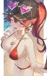  1girl absurdres baseball_cap beach bikini black_headwear blush breasts cleavage earrings eyewear_on_head gold_earrings gold_necklace hand_on_own_chest hat heart heart-shaped_eyewear heart_earrings heart_necklace highres hololive houshou_marine houshou_marine_(summer) jewelry large_breasts long_hair looking_at_viewer mont_blanca necklace official_alternate_costume one_eye_closed open_mouth ponytail red_bikini red_eyes red_hair sand single_earring smile sunglasses swimsuit virtual_youtuber water 