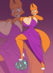  adjusting_clothing alternate_breast_size anthro big_breasts breasts canid canine cleavage clothed clothing diane_foxington dreamworks dress female footwear fox fur hi_res high_heels huge_breasts mammal on_rock orange_body orange_fur purple_clothing purple_dress simple_background solo the_bad_guys toughset 