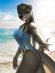  2023 3:4 5_fingers absurd_res anthro backless_clothing backless_swimsuit beach black_nose breasts brown_hair butt claws clothed clothing day digital_media_(artwork) female finger_claws fingers fur grey_body grey_fur grin hair hi_res long_hair mammal membrane_(anatomy) mustelid mykegreywolf nat_(mykegreywolf) one-piece_swimsuit otter outside sea seaside smile solo swimwear water webbed_hands 