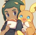  1boy alolan_raichu black_shirt closed_mouth commentary_request dark-skinned_male dark_skin eating green_hair grey_background grey_eyes hau_(pokemon) holding malasada male_focus outline pokemon pokemon_(creature) pokemon_(game) pokemon_sm shirt short_sleeves smile t-shirt wusagi2 