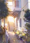  absurdres balcony building bush evening fence highres no_humans original outdoors plant potted_plant scenery stairs tomato_(kiiroitomato33) tree 