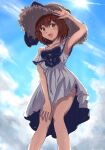  1girl blue_sky brown_eyes brown_hair cloud commentary_request day dress feet_out_of_frame hand_on_own_knee hat highres kantai_collection ld_(luna_dial398) official_alternate_costume outdoors short_hair sky smile solo straw_hat sun_hat sundress white_dress yukikaze_(kancolle) 