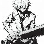  1boy chainsaw_man denji_(chainsaw_man) greyscale holding male_focus monochrome necktie non-web_source shirt short_hair solo source_request torn_clothes torn_sleeves upper_body white_shirt 