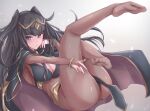  1girl absurdres black_eyes black_hair black_panties blunt_bangs blush bodystocking breasts bridal_gauntlets cape circlet cleavage commentary_request commission fire_emblem fire_emblem_awakening gold_trim highres jewelry large_breasts long_hair looking_at_viewer lying mixed-language_commentary no_shoes omnc-eng panties pelvic_curtain pixiv_commission simple_background skin_tight solo tharja_(fire_emblem) toes two_side_up underwear 