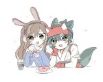  2girls animal_ears black_hair blush brown_eyes brown_hair can d.va_(overwatch) doughnut food fox_ears fox_tail headband japanese_clothes kiriko_(overwatch) lifeismy_music miko multiple_girls overwatch overwatch_2 plate rabbit_ears soda_can tail white_background 