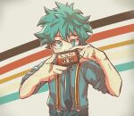  1boy absurdres artist_name boku_no_hero_academia bunnnyui cassette_tape covered_mouth english_commentary english_text freckles green_eyes green_hair highres holding long_sleeves looking_at_viewer male_focus midoriya_izuku necktie scar scar_on_hand school_uniform shirt short_hair simple_background solo spiked_hair u.a._school_uniform 