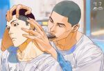  2boys black_eyes black_hair blue_towel brown_eyes buzz_cut cutting_hair dark-skinned_male dark_skin hands_on_another&#039;s_head highres holding holding_hair kawata_masashi looking_ahead looking_at_another male_focus multiple_boys sawakita_eiji scissors shirt short_hair slam_dunk_(series) towel_on_arm undercut upper_body very_short_hair wfi1584191 white_shirt 