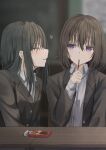  2girls black_hair black_jacket blurry blurry_background breasts closed_mouth collared_shirt desk food food_in_mouth hair_between_eyes highres holding holding_food holding_pocky jacket long_hair looking_at_another medium_hair multiple_girls original pocky pocky_in_mouth purple_eyes school_desk school_uniform shirt sitting small_breasts smile uniform white_shirt yuri 
