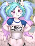  anthro clothing collar elronya equid equine female fluffy friendship_is_magic hasbro hi_res horn horse mammal mega_milk meme my_little_pony piercing pony princess_celestia_(mlp) shirt t-shirt teenager topwear winged_unicorn wings young 