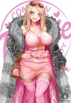  1girl :d absurdres bag barbie_(character) barbie_(franchise) blonde_hair blue_eyes breasts cleavage eyewear_on_head fur_coat handbag highres huge_breasts long_hair looking_at_viewer nail_polish nez-box open_mouth pink_nails pink_shirt pink_skirt pink_thighhighs shirt side_slit skirt smile solo standing sunglasses thighhighs 