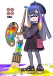  beret black_dress black_footwear black_headwear dress hat highres hololive inkling ninomae_ina&#039;nis ninomae_ina&#039;nis_(2nd_costume) paint paintbrush pinafore_dress sleeveless sleeveless_dress splatoon_(series) tentacle_hair white_background yoshikawa_hiro 