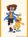  agumon ball black_shorts blue_headband blue_raincoat brown_eyes brown_hair child commentary_request digimon digimon_(creature) digimon_adventure digimon_crest drawstring goggles goggles_on_head grin headband highres male_child official_art orange_shirt puddle raincoat shirt shoes shorts smile sneakers soccer_ball socks water water_drop white_socks yagami_taichi 
