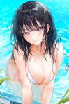  1girl bikini black_hair breasts cleavage commentary_request highres large_breasts leaning_forward long_hair looking_at_viewer mole mole_under_eye original partially_submerged purple_eyes signature smile solo swimsuit twitter_username utsuhostoria wet wet_hair white_bikini 