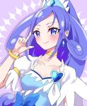  1girl absurdres blue_bow blue_eyes blue_hair bow bracelet breasts brooch choker crystal_earrings cure_diamond dokidoki!_precure earrings hair_ornament heart heart_brooch high_ponytail highres hishikawa_rikka jewelry lips long_hair looking_at_viewer magical_girl mikorin ponytail precure purple_background short_sleeves small_breasts smile solo upper_body waist_bow wide_ponytail yellow_choker 