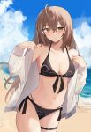  bare_shoulders beach bikini blush breasts brown_eyes brown_hair cleavage closed_mouth collarbone hair_ornament hairclip highres hololive hololive_english large_breasts long_hair long_sleeves looking_at_viewer nanashi_mumei navel ocean off_shoulder open_clothes open_shirt shirt shuuzo3 side-tie_bikini_bottom solo stomach swimsuit thigh_strap virtual_youtuber water white_shirt 
