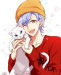  1boy ;d a3! animal beanie blue_hair brown_headwear cat collarbone commentary_request cross-laced_clothes cross-laced_sleeves earrings fangs hair_between_eyes hands_up hat holding holding_animal holding_cat ikaruga_misumi jewelry long_sleeves looking_at_viewer male_focus mole mole_under_eye one_eye_closed open_mouth parted_bangs pawpads red_eyes red_sweater short_hair simple_background smile solo sweater tayu_(canary-san) teeth triangle triangle_earrings upper_body upper_teeth_only white_background white_cat 