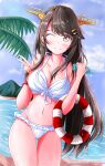  1girl absurdres beach bikini black_hair blue_sky bottle brown_eyes cloud cowboy_shot day duan_(duan2012) frilled_bikini frills front-tie_bikini_top front-tie_top hair_ornament hairclip haruna_(kancolle) highres kantai_collection lifebuoy long_hair looking_at_viewer ocean official_alternate_costume one_eye_closed outdoors ramune sky solo swimsuit v white_bikini 