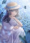  1girl blue_butterfly blue_eyes blue_flower blurry brown_hair bug butterfly depth_of_field dress earrings flower flower_earrings from_behind hat hat_ribbon jewelry lace-trimmed_dress lace_trim long_hair looking_at_viewer looking_back original parted_lips ribbon ring sakura_(39ra) short_sleeves smile solo squatting wavy_hair wedding_ring white_dress 