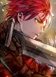  1boy armor diamant_(fire_emblem) fire_emblem fire_emblem_engage from_side gloves highres holding holding_sword holding_weapon looking_to_the_side male_focus red_eyes red_hair solo sword t_misaomaru weapon 
