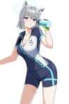  1girl absurdres animal_ear_fluff animal_ears bee_doushi bike_jersey bike_shorts blue_archive bottle breasts cleavage cloud commentary_request cup grey_hair ground_vehicle halo highres holding holding_cup looking_at_viewer medium_breasts official_alternate_costume outdoors shiroko_(blue_archive) shiroko_(cycling)_(blue_archive) short_hair simple_background solo water_bottle white_background 