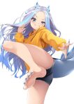  1girl barefoot blue_eyes blue_hair blue_horns blue_nails blush character_request copyright_request denim denim_shorts feet fighting_stance foot_out_of_frame foot_up forehead grey_hair hand_up hood hood_down hoodie horns knee_up legs long_hair long_sleeves looking_at_viewer mofu_namako multicolored_hair nail_polish parted_bangs shadow short_shorts shorts simple_background smile soles solo streaked_hair toenail_polish toenails toes torn_clothes torn_shorts very_long_hair white_background yellow_hoodie 