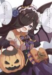  1girl :d animal_ears bat_wings black_gloves black_hairband blue_flower blue_rose blush bow breasts brown_hair commentary_request fangs flower frilled_hairband frills gloves hair_flower hair_ornament hair_over_one_eye hairband halloween halloween_bucket highres holding horse_ears looking_at_viewer medium_breasts orange_bow puffy_short_sleeves puffy_sleeves purple_eyes purple_skirt purple_wings rice_shower_(make_up_vampire!)_(umamusume) rice_shower_(umamusume) rose shirt short_sleeves skirt smile solo striped striped_bow sunanuko_(ramuneko) translation_request umamusume white_shirt wings 