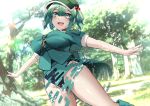  1girl :d aqua_footwear aqua_shirt aqua_skirt backpack bag black_one-piece_swimsuit blue_eyes blue_hair blush boots breasts commentary_request covered_navel feet_out_of_frame flat_cap green_headwear hair_bobbles hair_ornament hat highres jewelry kagiyama_shachou kawashiro_nitori key key_necklace large_breasts looking_at_viewer medium_hair necklace one-piece_swimsuit open_mouth shirt short_sleeves sidelocks skirt smile solo swimsuit swimsuit_under_clothes touhou tree two_side_up water 