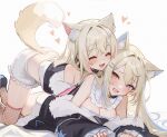  2girls animal_ear_fluff animal_ears bandaid_hair_ornament blonde_hair blue_hair breasts cleavage commentary dog_ears dog_girl dog_tail fang fishnet_thighhighs fishnets fur-trimmed_jacket fur_trim fuwawa_abyssgard hair_ornament highres hololive hololive_english jacket koahri large_breasts long_hair mococo_abyssgard multicolored_hair multiple_girls open_mouth pink_eyes pink_hair siblings sisters skin_fang streaked_hair tail thighhighs twins virtual_youtuber 